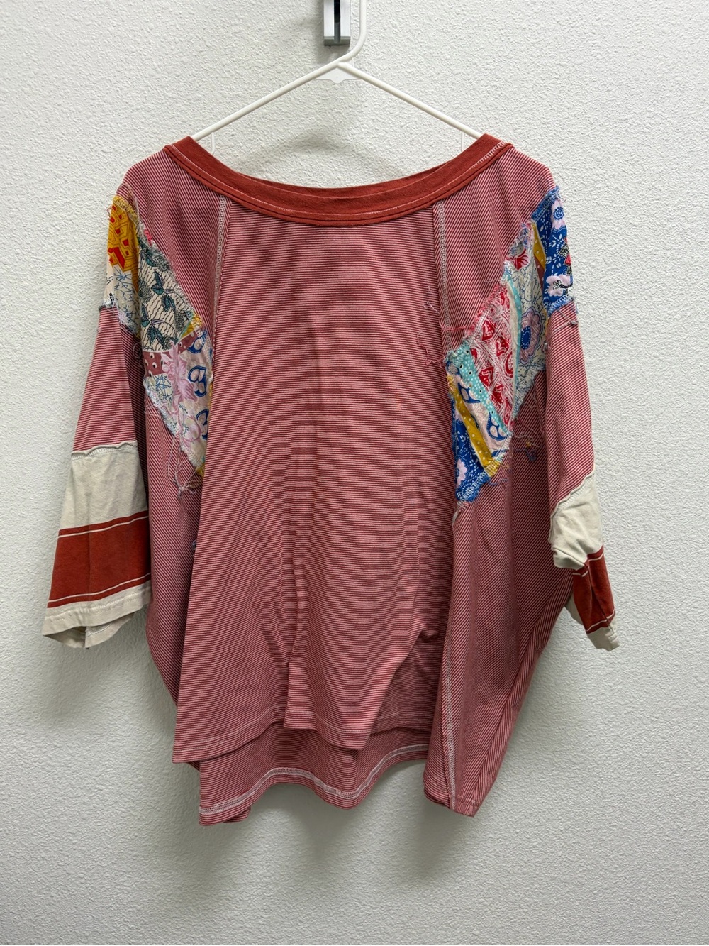 Three Bird Nest Patchwork Pink & Rust Scoop Neck Pullover